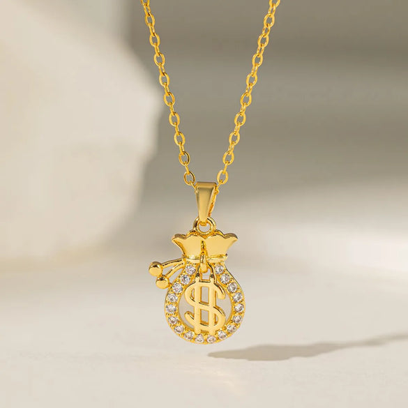 Titanium Steel 18K Gold Plated Casual Simple Style Commute Crown Feather Flower Inlay Artificial Rhinestones Pendant Necklace