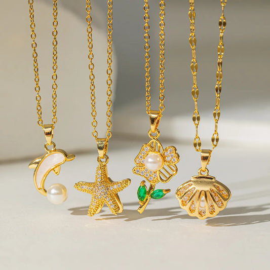 Stainless Steel 18K Gold Plated Casual Simple Style Commute Polishing Inlay Starfish Dolphin Flower Artificial Rhinestones Pearl Pendant Necklace