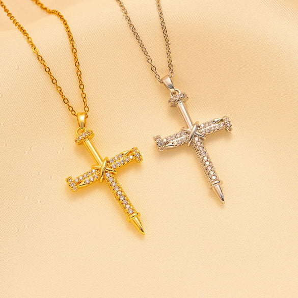 Titanium Steel 18K Gold Plated IG Style Simple Style Cross Inlay Zircon Pendant Necklace
