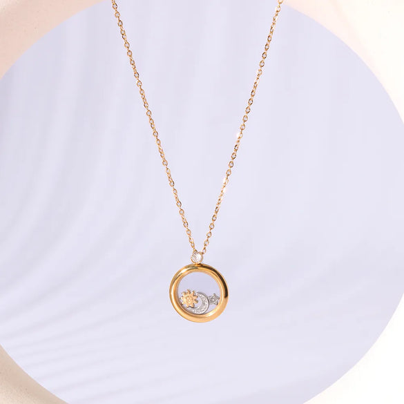 304 Stainless Steel 18K Gold Plated Luxurious Romantic Shiny Plating Inlay Sun Moon Rhinestones Pendant Necklace