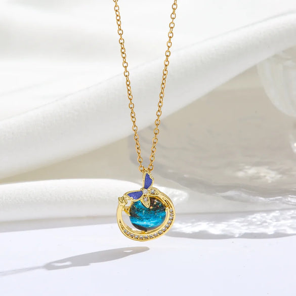 Titanium Steel 18K Gold Plated Modern Style Sweet Classic Style Plating Inlay Starry Sky Resin Zircon Pendant Necklace