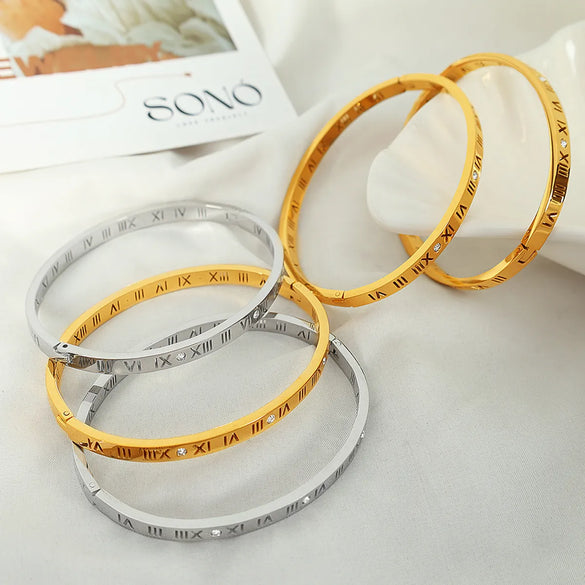 Titanium Steel 18K Gold Plated Vintage Style Simple Style Roman Numeral Zircon Bangle