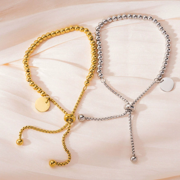 Titanium Steel Adjustable Bracelet With Round Bead And Pendant Electroplated Design For Women