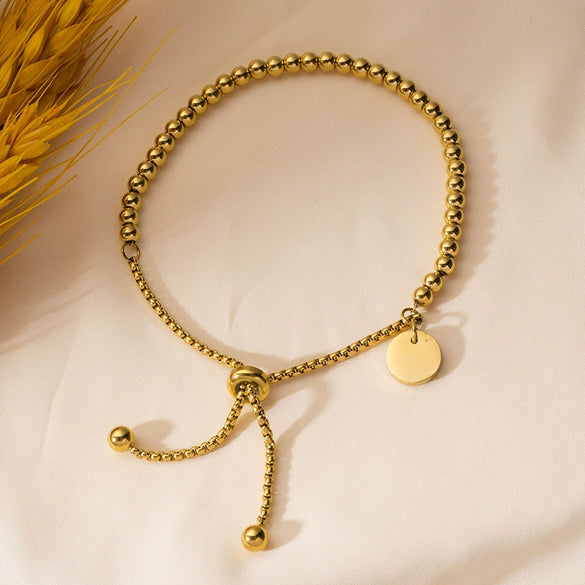 Titanium Steel Adjustable Bracelet With Round Bead And Pendant Electroplated Design For Women