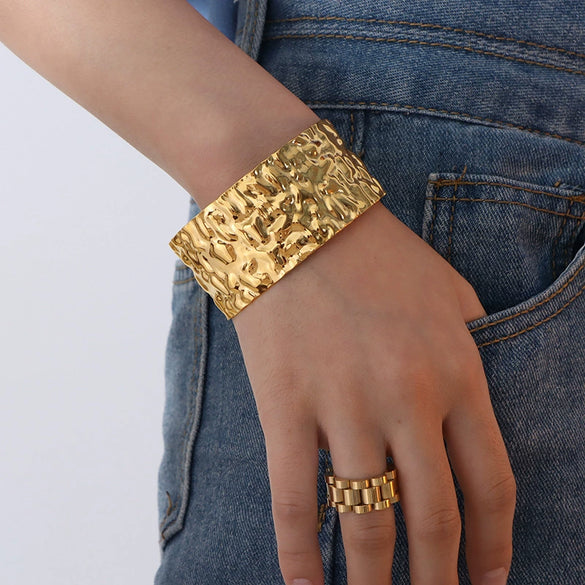 316L Stainless Steel Adjustable Open Bracelet Natural Heavy Industry Hammered Texture Exaggerated Stylish Electroplated Design