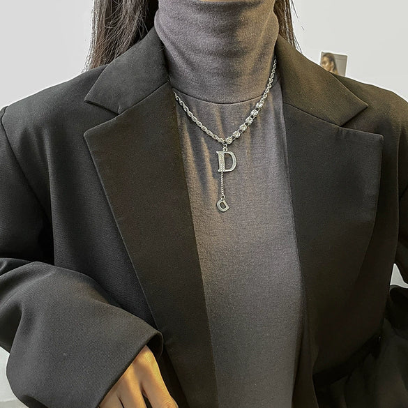 Titanium Steel And Alloy Dshaped Pendant Necklace With Diamonds And Hemp Rope Chain For Women Highend Cool Style With Letters Numbers Text