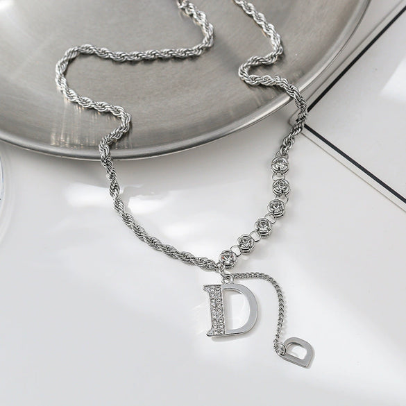 Titanium Steel And Alloy Dshaped Pendant Necklace With Diamonds And Hemp Rope Chain For Women Highend Cool Style With Letters Numbers Text