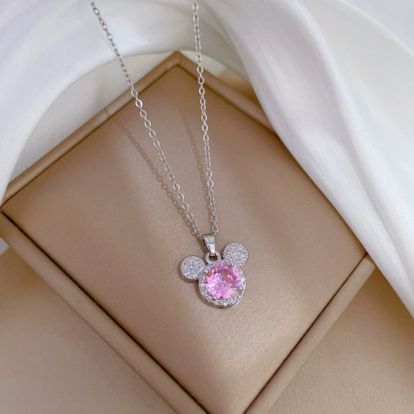 Titanium Steel And Brass Cartoon Geometric Style Full Diamond Inlaid Mickey Head Necklace For Women