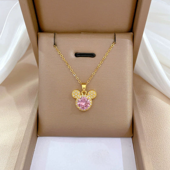 Titanium Steel And Brass Cartoon Geometric Style Full Diamond Inlaid Mickey Head Necklace For Women