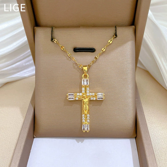 Titanium Steel And Copper Cartoon Geometric Diamond Microinlaid Women's Cross Necklace