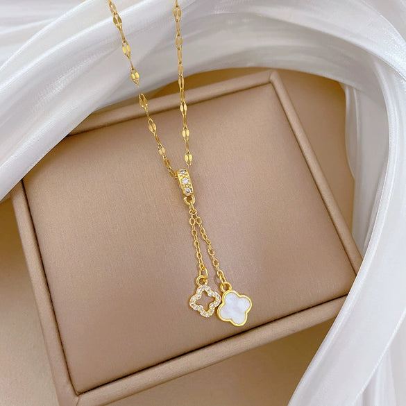 Titanium Steel And Copper Doublelayer Lucky Flower Microinlaid Real Gold Geometric Cartoon Style Women's Necklace
