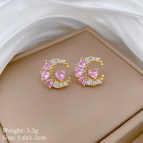 Titanium Steel And Copper Earrings And Necklace Set With Moon Love Zircon Electroplating Minimalist Style