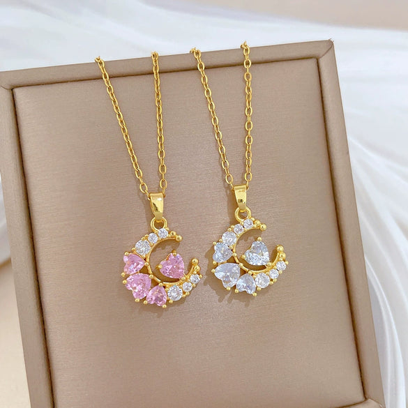 Titanium Steel And Copper Earrings And Necklace Set With Moon Love Zircon Electroplating Minimalist Style