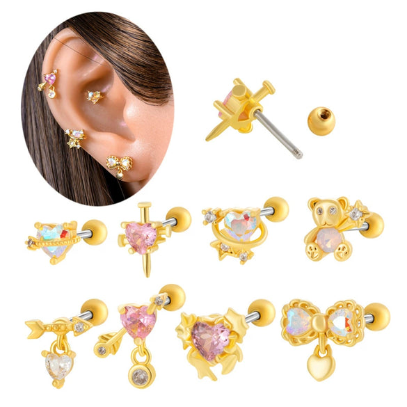 Titanium Steel And Copper Earrings With Inlaid Zircon Heart Bow Bear Design Electroplated For Women Fashion Flower Style