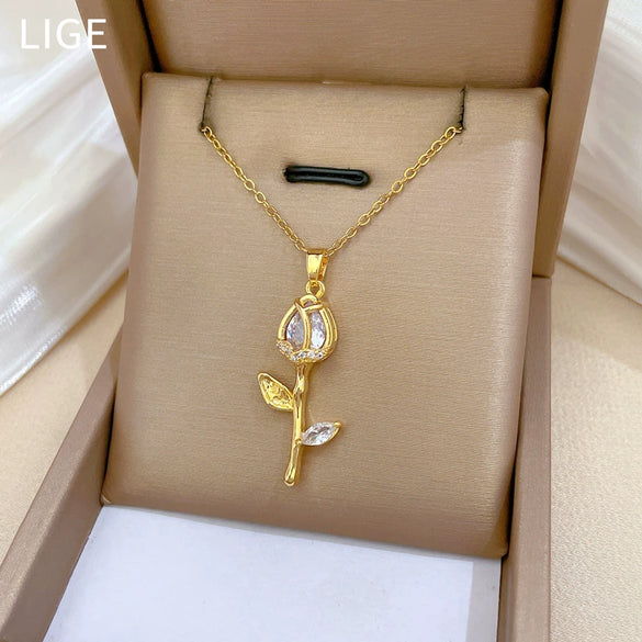 Titanium Steel And Copper Geometric Zircon Necklace For Women And Men