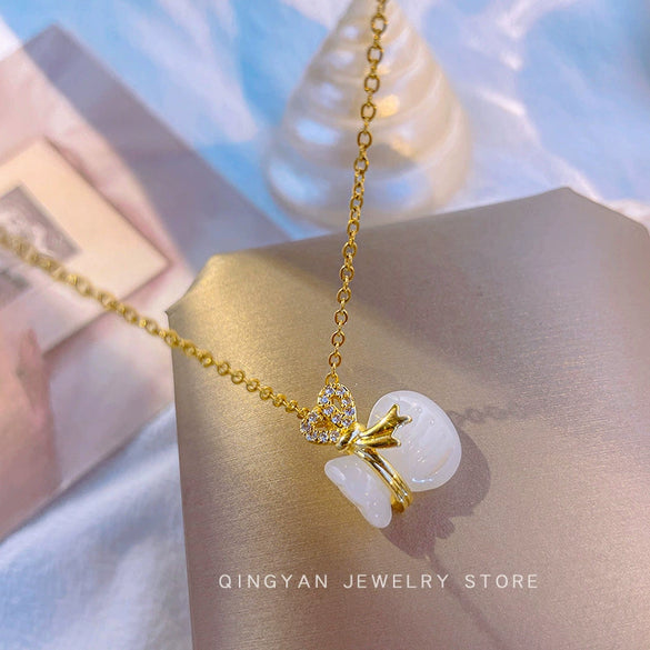 Titanium Steel And Copper Gourd Money Bag Pendant Necklace For Women With Electroplating Design