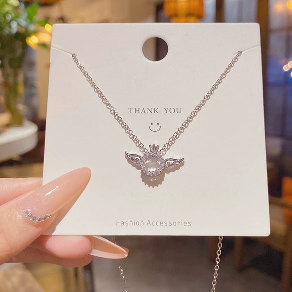 Titanium Steel And Copper Hollow Angel Wings Pendant Necklace With Zirconia Design Cross Chain Geometric And Crown Pattern For Women