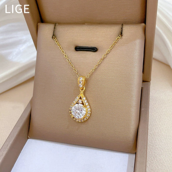 Titanium Steel And Copper Light Luxury Microinlaid Real Gold Water Drop Necklace With Geometric Design For Women