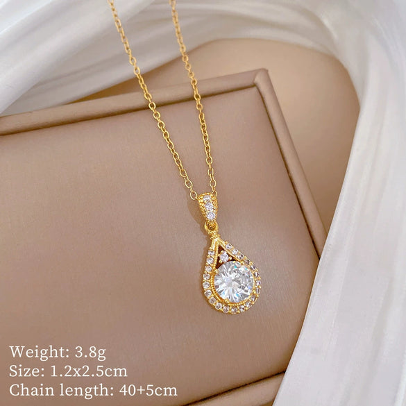 Titanium Steel And Copper Light Luxury Microinlaid Real Gold Water Drop Necklace With Geometric Design For Women