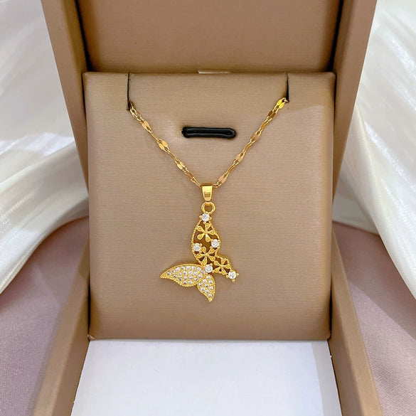 Titanium Steel And Copper Luxury Insect Style Butterfly Pendant Necklace With Diamond Micropaved And Real Gold Electroplating