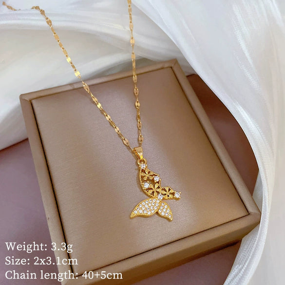 Titanium Steel And Copper Luxury Insect Style Butterfly Pendant Necklace With Diamond Micropaved And Real Gold Electroplating