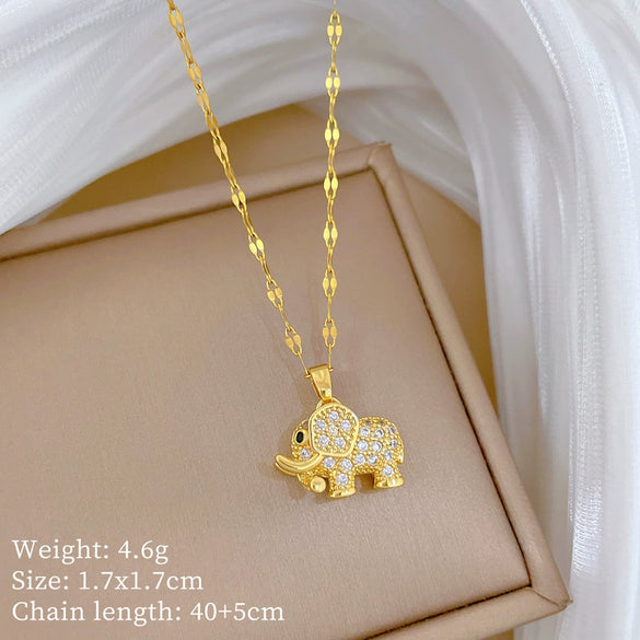 Titanium Steel And Copper Microinlaid Real Gold Stereo Elephant Necklace With Geometric And Cartoon Design For Women