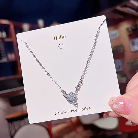 Titanium Steel And Copper Planet Pendant Necklace With Star Pattern For Women Fashion Style Diamond Design