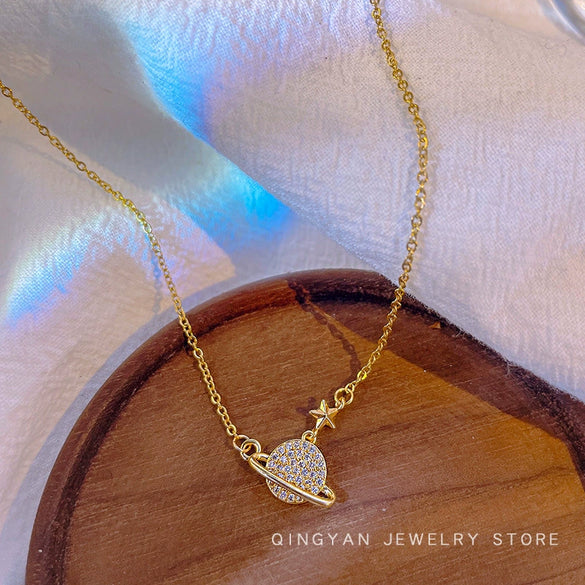 Titanium Steel And Copper Planet Pendant Necklace With Star Pattern For Women Fashion Style Diamond Design