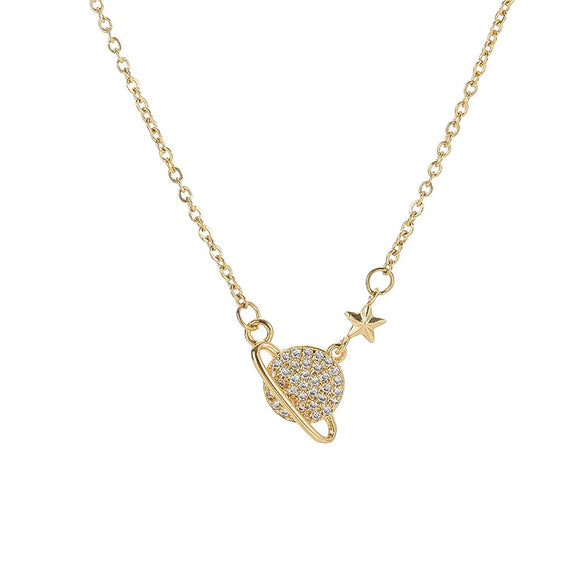 Titanium Steel And Copper Planet Pendant Necklace With Star Pattern For Women Fashion Style Diamond Design