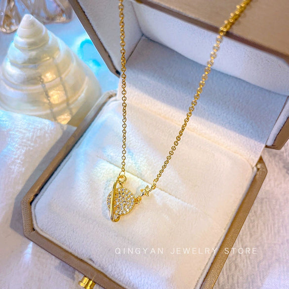 Titanium Steel And Copper Planet Pendant Necklace With Star Pattern For Women Fashion Style Diamond Design