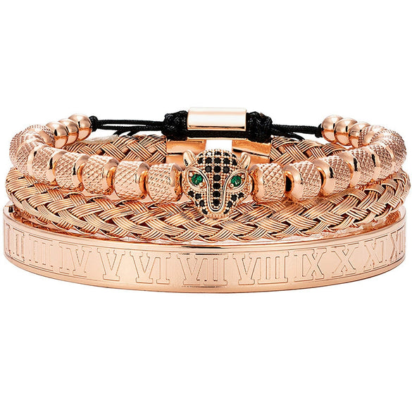 Titanium Steel And Copper Roman Letter Twist Open Bracelet Set With Crown Woven Design Electroplated Fashion Jewelry For Unisex