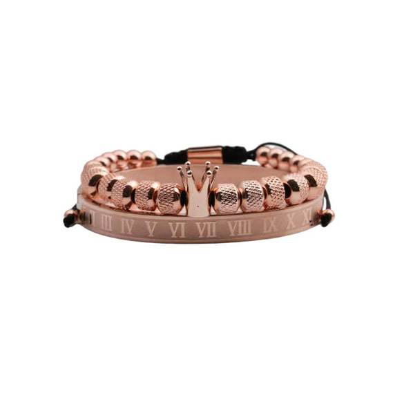 Titanium Steel And Copper Roman Letter Twist Open Bracelet Set With Crown Woven Design Electroplated Fashion Jewelry For Unisex