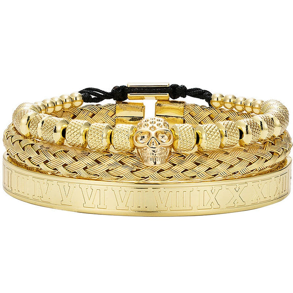 Titanium Steel And Copper Roman Letter Twist Open Bracelet Set With Crown Woven Design Electroplated Fashion Jewelry For Unisex