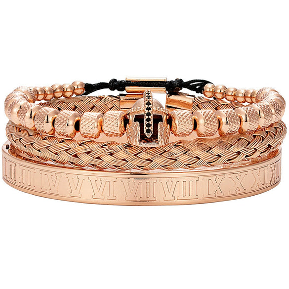 Titanium Steel And Copper Roman Letter Twist Open Bracelet Set With Crown Woven Design Electroplated Fashion Jewelry For Unisex
