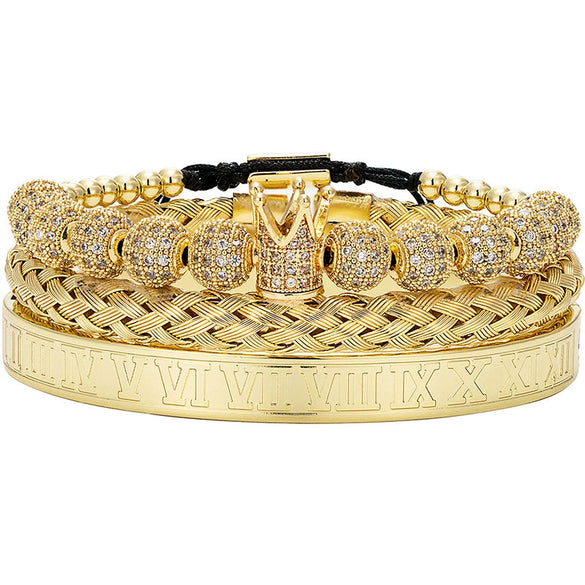 Titanium Steel And Copper Roman Letter Twist Open Bracelet Set With Crown Woven Design Electroplated Fashion Jewelry For Unisex