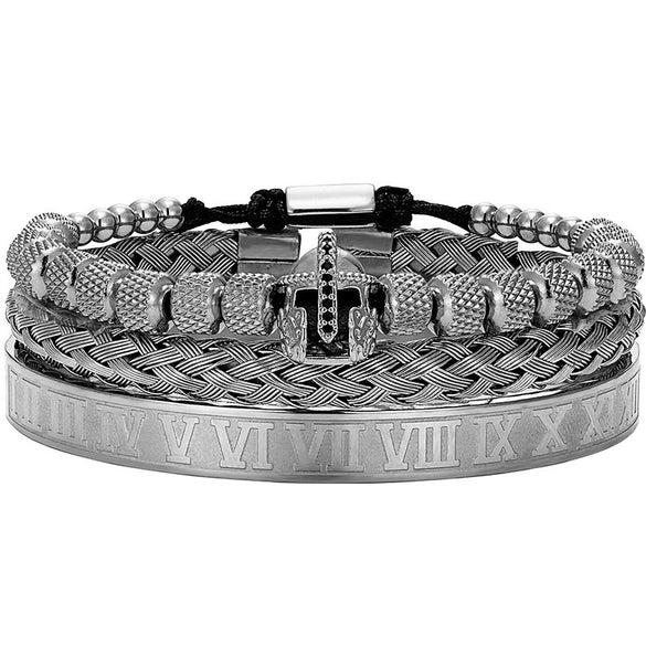 Titanium Steel And Copper Roman Letter Twist Open Bracelet Set With Crown Woven Design Electroplated Fashion Jewelry For Unisex