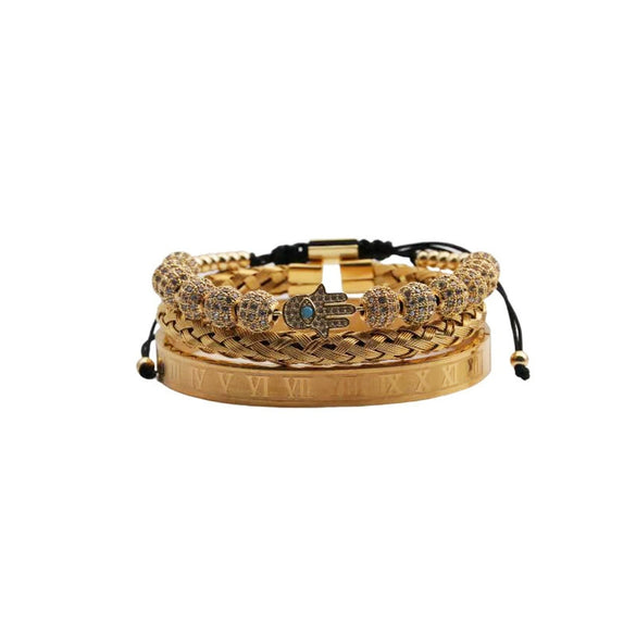 Titanium Steel And Copper Roman Letter Twist Open Bracelet Set With Crown Woven Design Electroplated Fashion Jewelry For Unisex