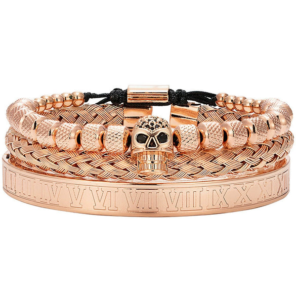 Titanium Steel And Copper Roman Letter Twist Open Bracelet Set With Crown Woven Design Electroplated Fashion Jewelry For Unisex