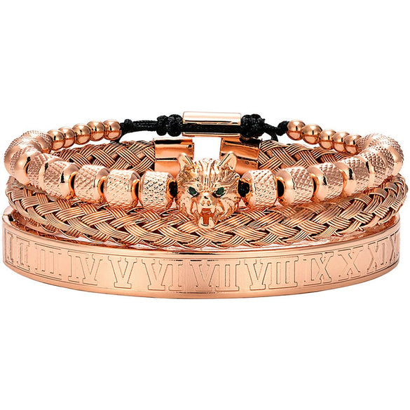 Titanium Steel And Copper Roman Letter Twist Open Bracelet Set With Crown Woven Design Electroplated Fashion Jewelry For Unisex