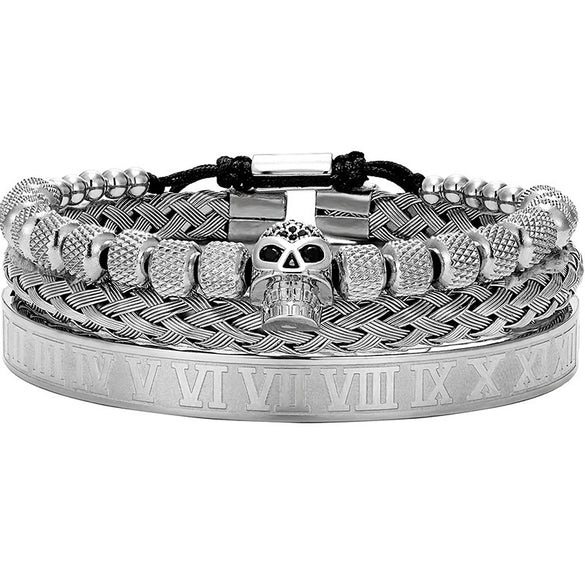 Titanium Steel And Copper Roman Letter Twist Open Bracelet Set With Crown Woven Design Electroplated Fashion Jewelry For Unisex