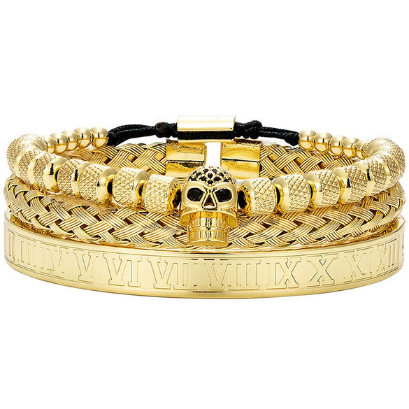 Titanium Steel And Copper Roman Letter Twist Open Bracelet Set With Crown Woven Design Electroplated Fashion Jewelry For Unisex