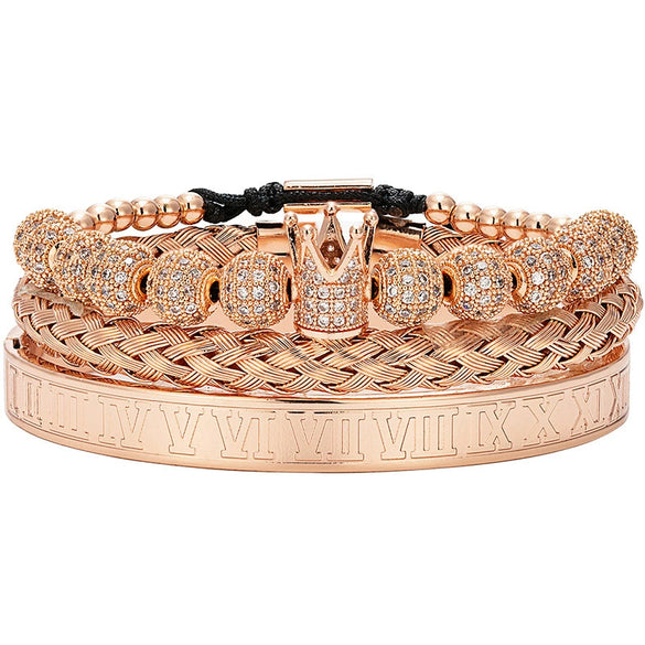 Titanium Steel And Copper Roman Letter Twist Open Bracelet Set With Crown Woven Design Electroplated Fashion Jewelry For Unisex