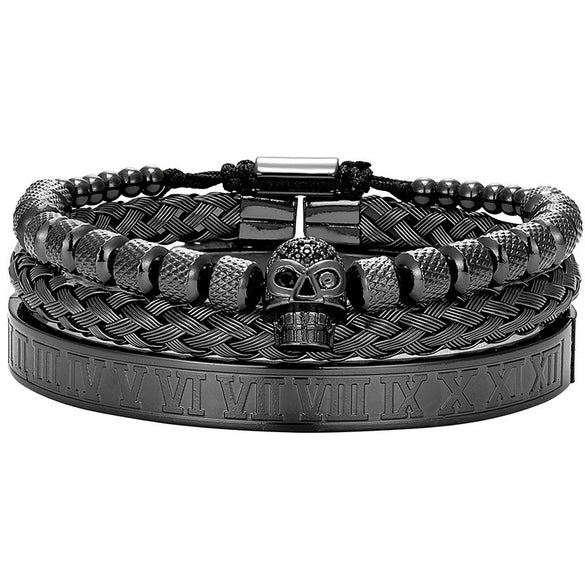 Titanium Steel And Copper Roman Letter Twist Open Bracelet Set With Crown Woven Design Electroplated Fashion Jewelry For Unisex