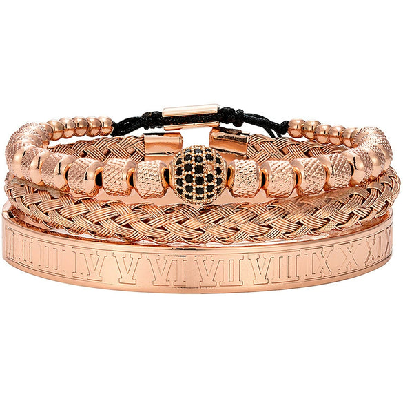Titanium Steel And Copper Roman Letter Twist Open Bracelet Set With Crown Woven Design Electroplated Fashion Jewelry For Unisex
