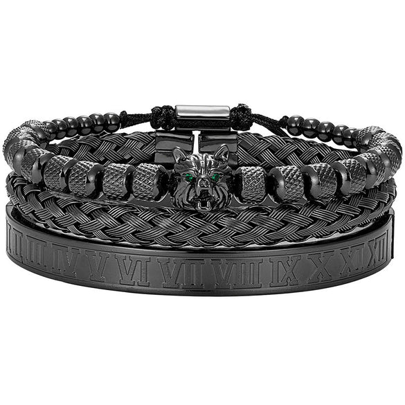Titanium Steel And Copper Roman Letter Twist Open Bracelet Set With Crown Woven Design Electroplated Fashion Jewelry For Unisex