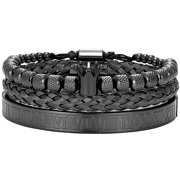 Titanium Steel And Copper Roman Letter Twist Open Bracelet Set With Crown Woven Design Electroplated Fashion Jewelry For Unisex