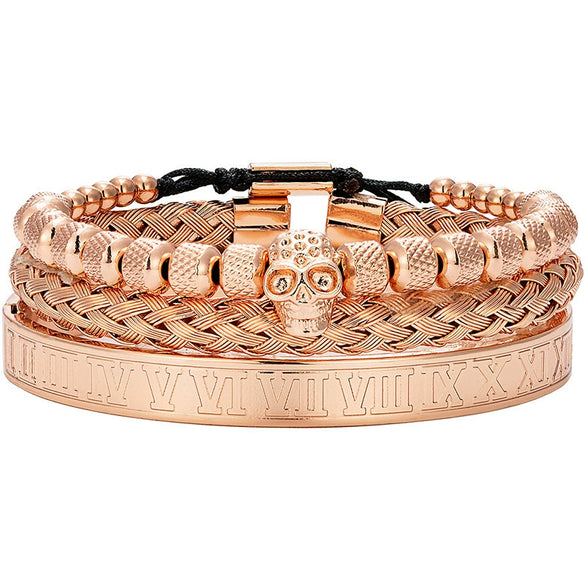 Titanium Steel And Copper Roman Letter Twist Open Bracelet Set With Crown Woven Design Electroplated Fashion Jewelry For Unisex