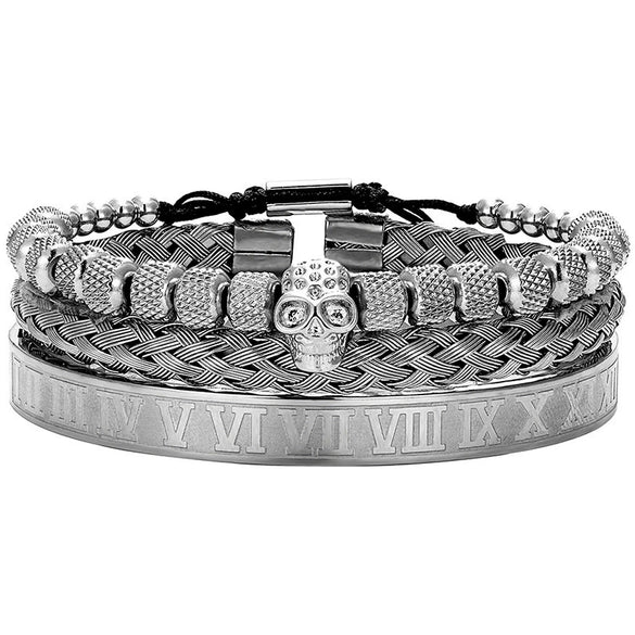 Titanium Steel And Copper Roman Letter Twist Open Bracelet Set With Crown Woven Design Electroplated Fashion Jewelry For Unisex