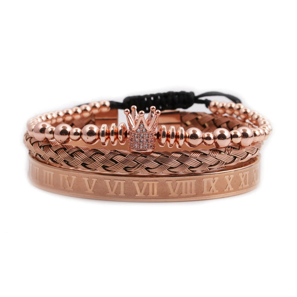 Titanium Steel And Copper Roman Letter Twist Open Bracelet Set With Crown Woven Design Electroplated Fashion Jewelry For Unisex