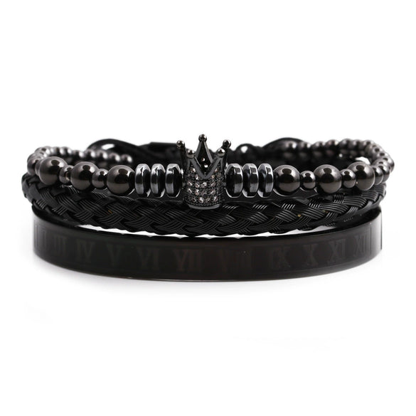 Titanium Steel And Copper Roman Letter Twist Open Bracelet Set With Crown Woven Design Electroplated Fashion Jewelry For Unisex